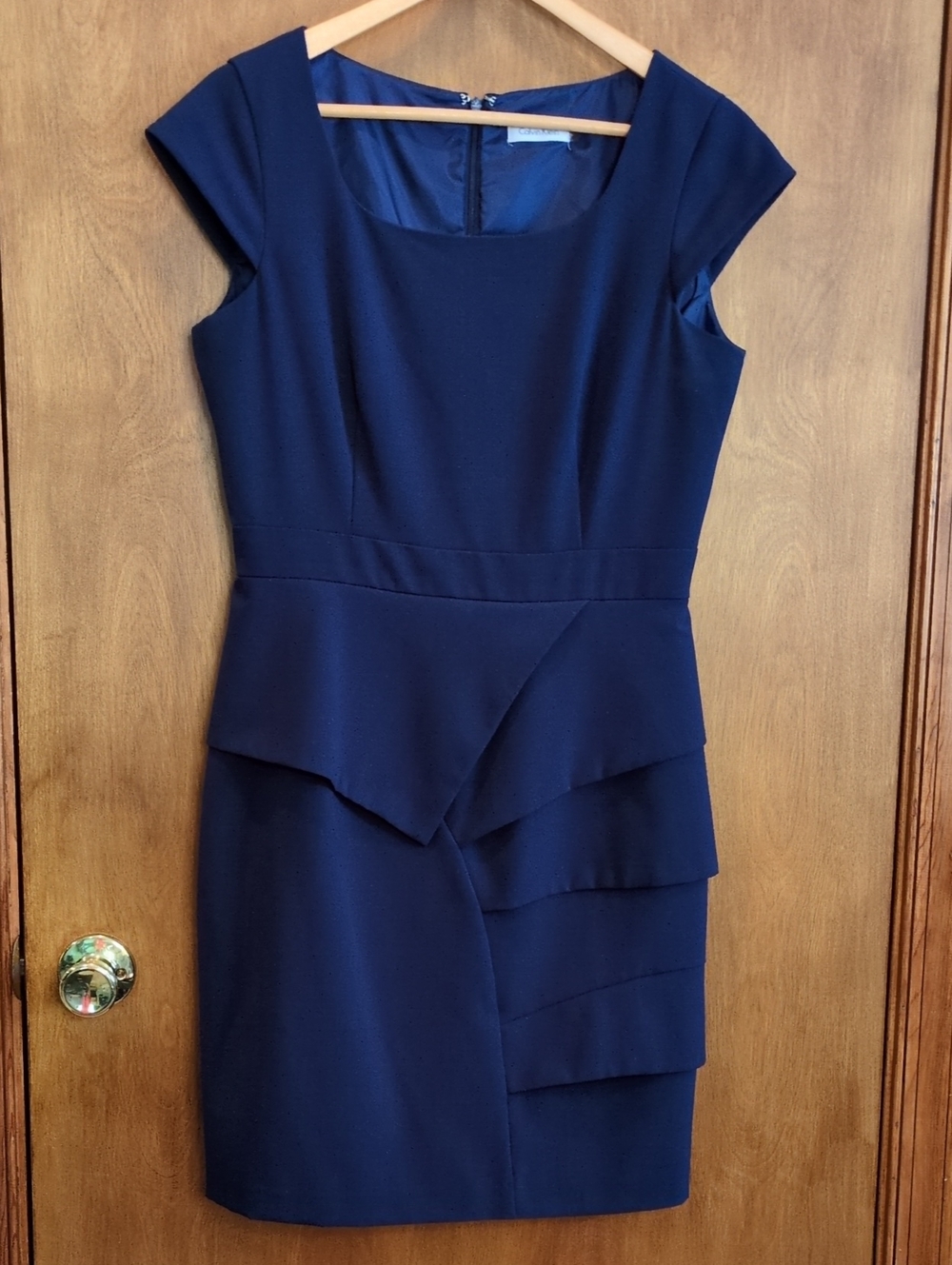 Calvin Klein Navy Cap-Sleeve Peplum Layered Sheath Dress Size 10